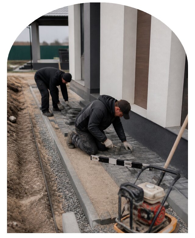 Устройство отмостки из брусчатки для дома под ключ в Солнечногорске